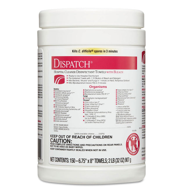 Dispatch Cleaner Disinfectant Towels, 1-Ply, 6.75 x 8, Unscented, White, 150/Canister