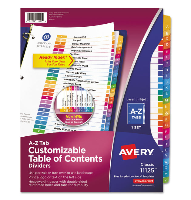 Customizable TOC Ready Index Multicolor Tab Dividers, 26-Tab, A to Z, 11 x 8.5, White, Traditional Color Tabs, 1 Set