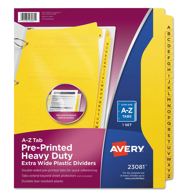 Heavy-Duty Preprinted Plastic Tab Dividers, 26-Tab, A to Z, 11 x 9, Yellow, 1 Set