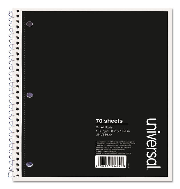 Wirebound Notebook, 1-Subject, Quadrille Rule (4 sq/in), Black Cover, (70) 10.5 x 8 Sheets