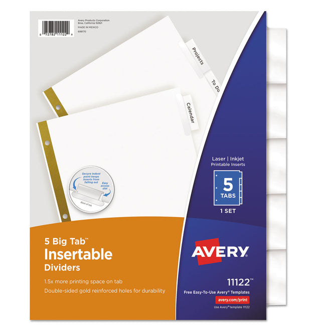 Insertable Big Tab Dividers, 5-Tab, Double-Sided Gold Edge Reinforcing, 11 x 8.5, White, Clear Tabs, 1 Set