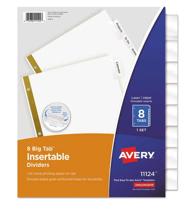 Insertable Big Tab Dividers, 8-Tab, Double-Sided Gold Edge Reinforcing, 11 x 8.5, White, Clear Tabs, 1 Set