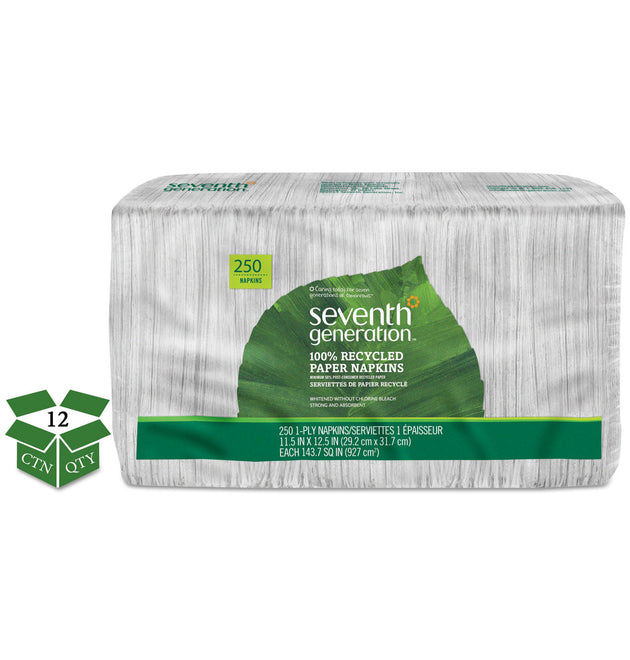 100% Recycled Napkins, 1-Ply, 11 1/2 x 12 1/2, White, 250/Pack, 12 Packs/Carton