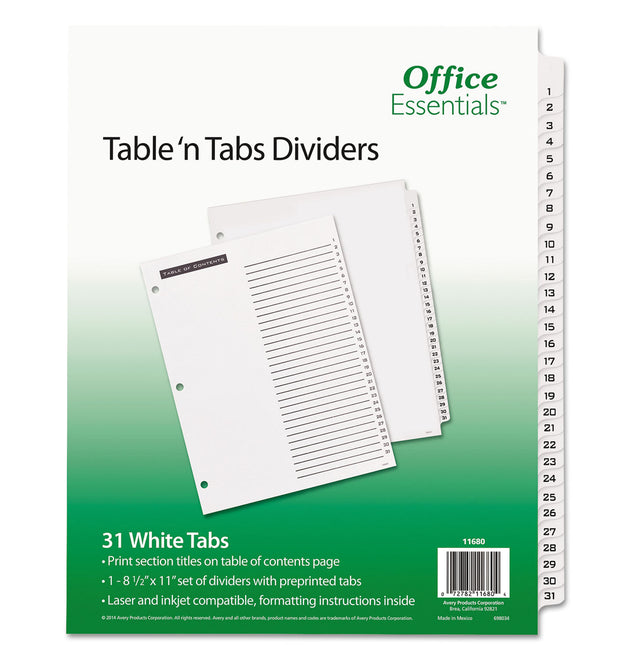 Table 'n Tabs Dividers, 31-Tab, 1 to 31, 11 x 8.5, White, White Tabs, 1 Set