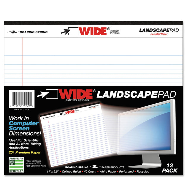 WIDE Landscape Format Writing Pad, Unpunched with Standard Back, Medium/College Rule, 40 White 11 x 9.5 Sheets