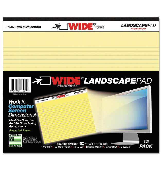 WIDE Landscape Format Writing Pad, Unpunched with Standard Back, Medium/College Rule, 40 Canary-Yellow 11 x 9.5 Sheets