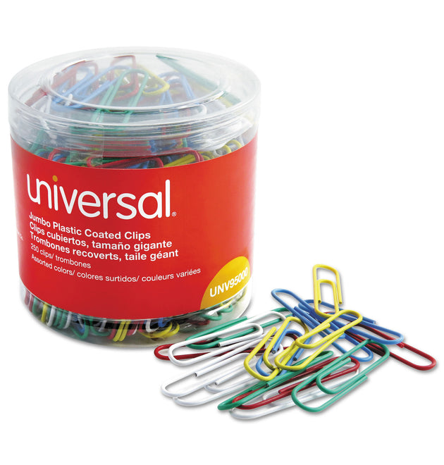 Plastic-Coated Paper Clips with One-Compartment Dispenser Tub, Jumbo, Assorted Colors, 250/Pack