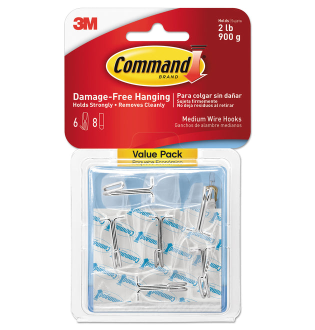 Clear Hooks and Strips, Medium, Plastic, 2 lb Capacity, 6 Hooks and 8 Strips/Pack