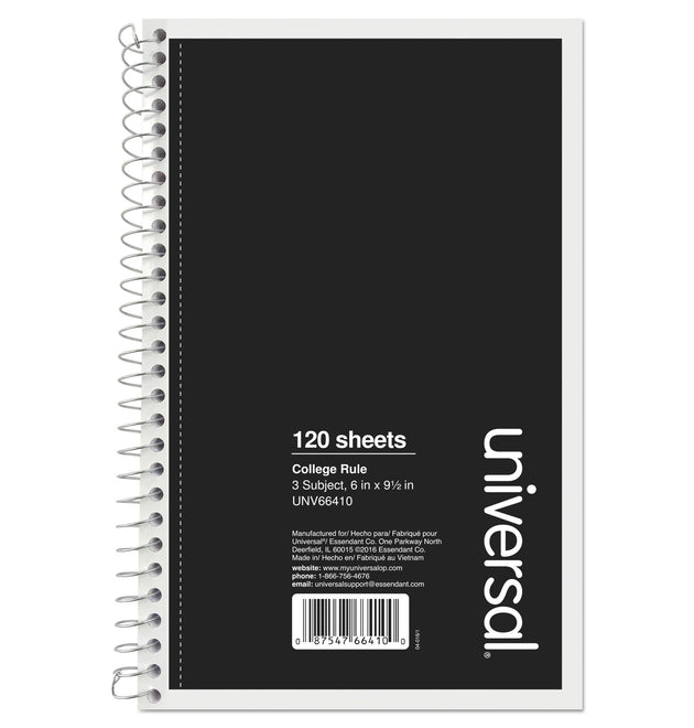 Wirebound Notebook, 3-Subject, Medium/College Rule, Black Cover, (120) 9.5 x 6 Sheets