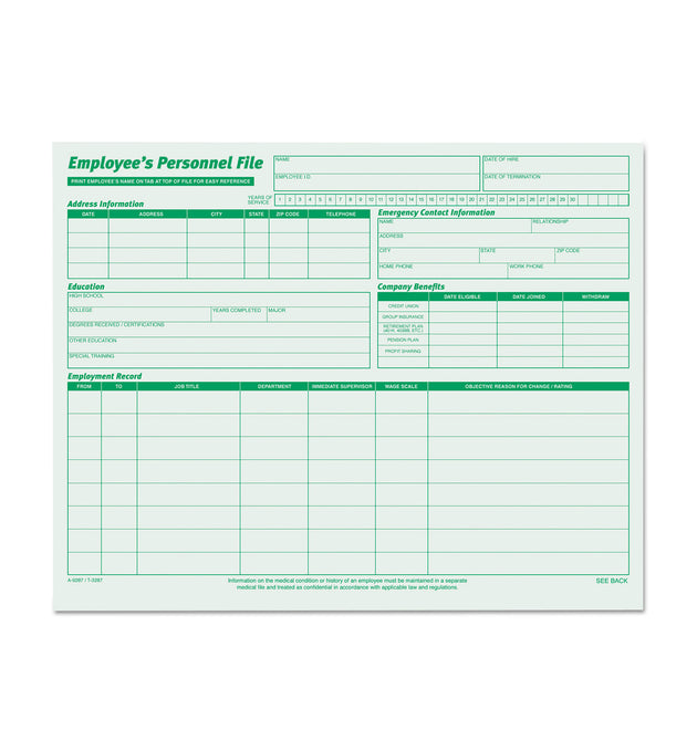 Employee's Record File Folder, Straight Tabs, Letter Size, Index Stock, Green, 20/Pack