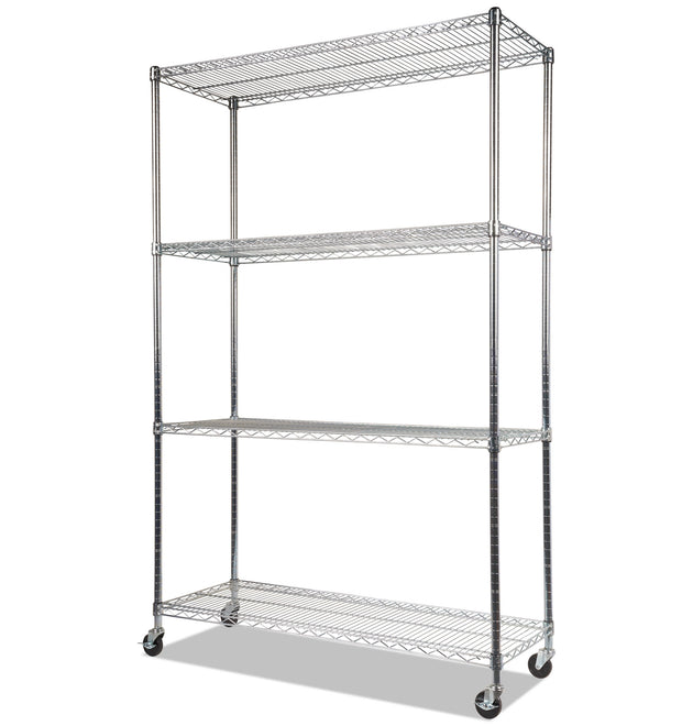 NSF Certified 4-Shelf Wire Shelving Kit with Casters, 48w x 18d x 72h, Silver