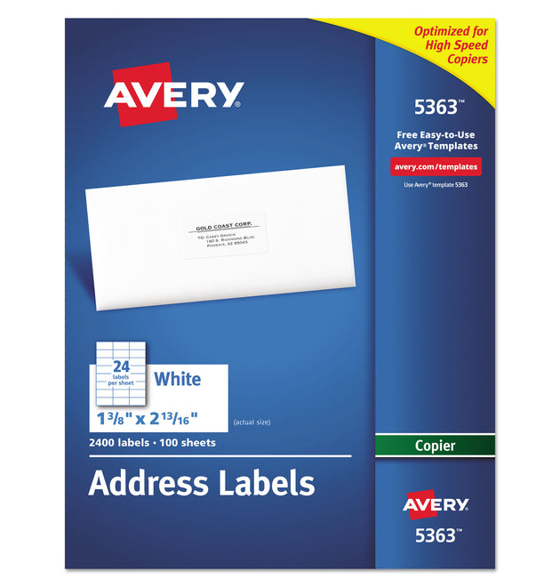 Copier Mailing Labels, Copiers, 1.38 x 2.81, White, 24/Sheet, 100 Sheets/Box