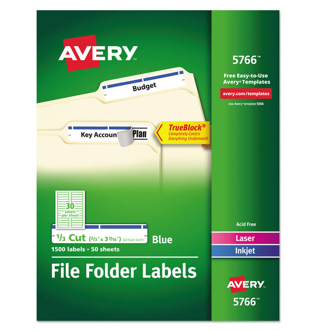 Permanent TrueBlock File Folder Labels with Sure Feed Technology, 0.66 x 3.44, Blue/White, 30/Sheet, 50 Sheets/Box