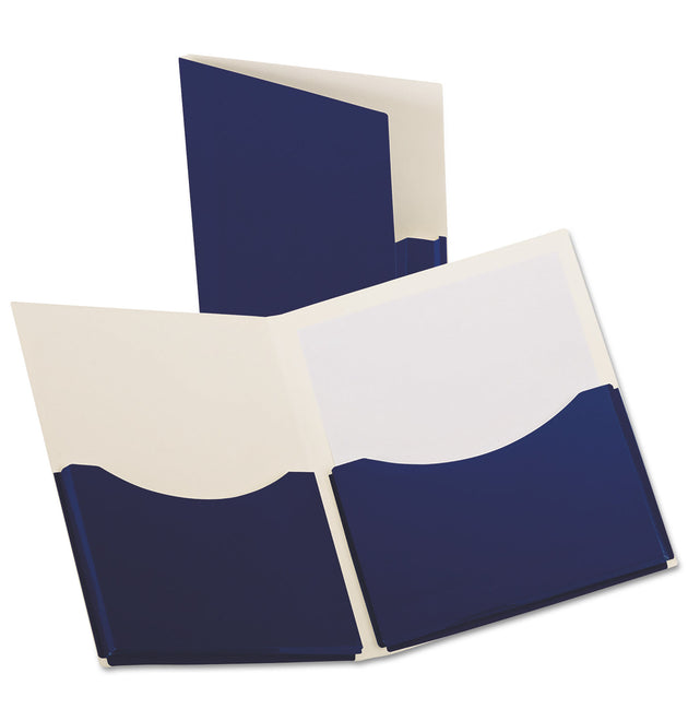 Double Stuff Gusseted 2-Pocket Laminated Paper Folder, 200-Sheet Capacity, 11 x 8.5, Navy, 20/Box