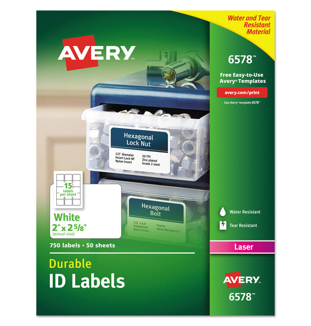 Durable Permanent ID Labels with TrueBlock Technology, Laser Printers, 2 x 2.63, White, 15/Sheet, 50 Sheets/Pack