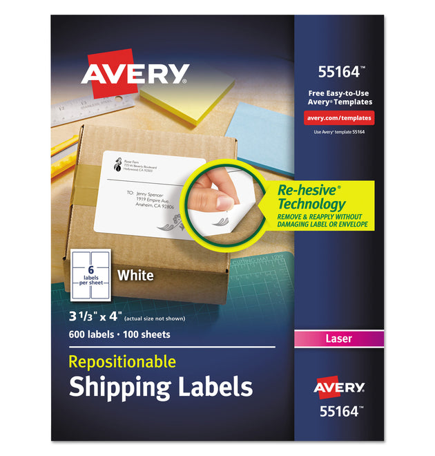 Repositionable Shipping Labels w/SureFeed, Laser, 3.33 x 4, White, 600/Box