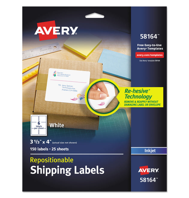 Repositionable Shipping Labels w/SureFeed, Inkjet, 3.33 x 4, White, 150/Box