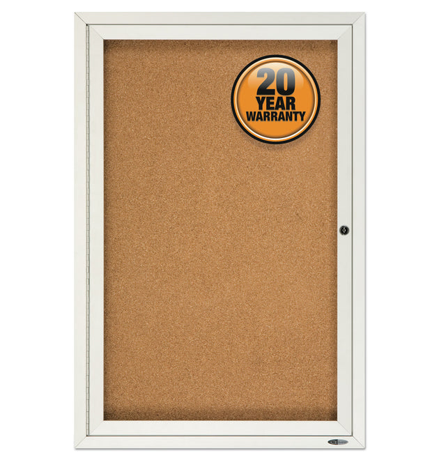 Enclosed Indoor Cork Bulletin Board with One Hinged Door, 24 x 36, Tan Surface, Silver Aluminum Frame