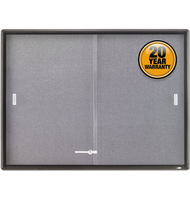 Enclosed Indoor Cork and Gray Fabric Bulletin Board with Two Sliding Glass Doors, 48 x 36, Graphite Gray Aluminum Frame