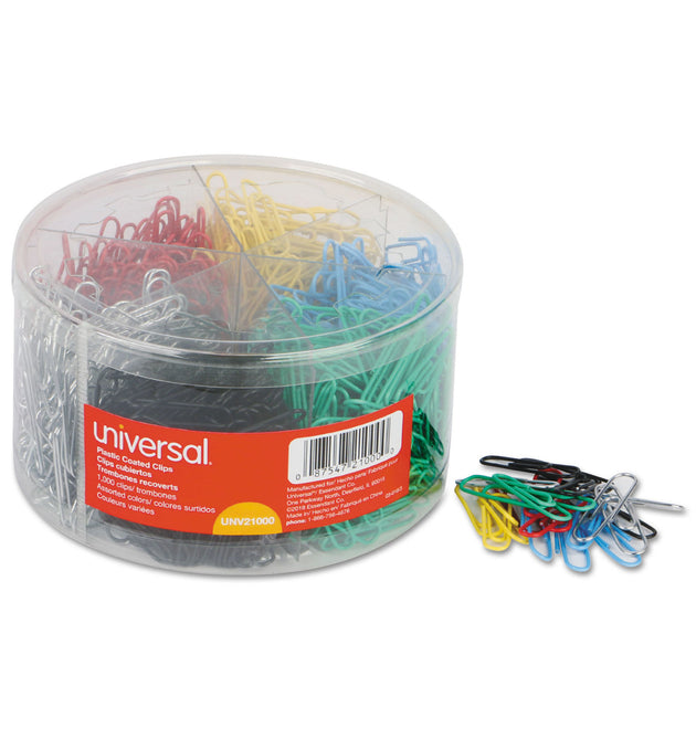 Plastic-Coated Paper Clips with Six-Compartment Dispenser Tub, #3, Assorted Colors, 1,000/Pack