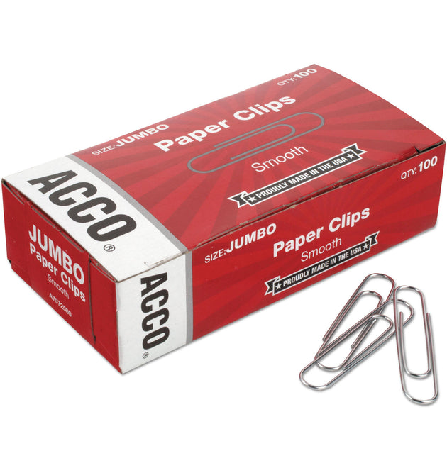 Paper Clips, Jumbo, Smooth, Silver, 100 Clips/Box, 10 Boxes/Pack