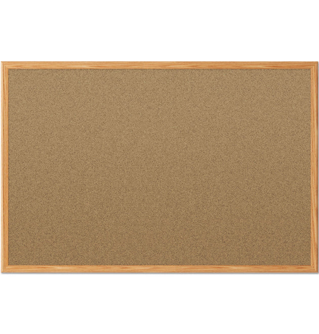 Economy Cork Board with Oak Frame, 48 x 36, Tan Surface, Oak Fiberboard Frame