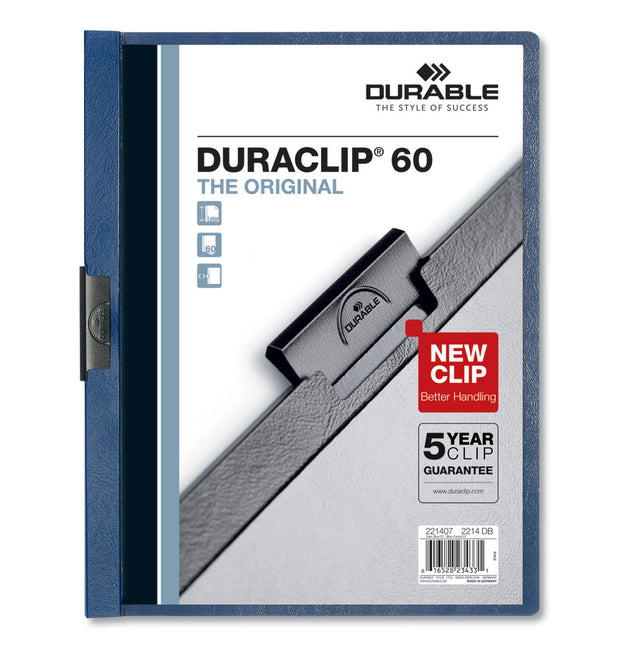 DuraClip Report Cover, Clip Fastener, 8.5 x 11, Clear/Dark Blue, 25/Box