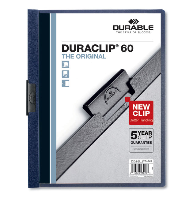 DuraClip Report Cover with Clip Fastener, 8.5 x 11, Clear/Navy, 25/Box