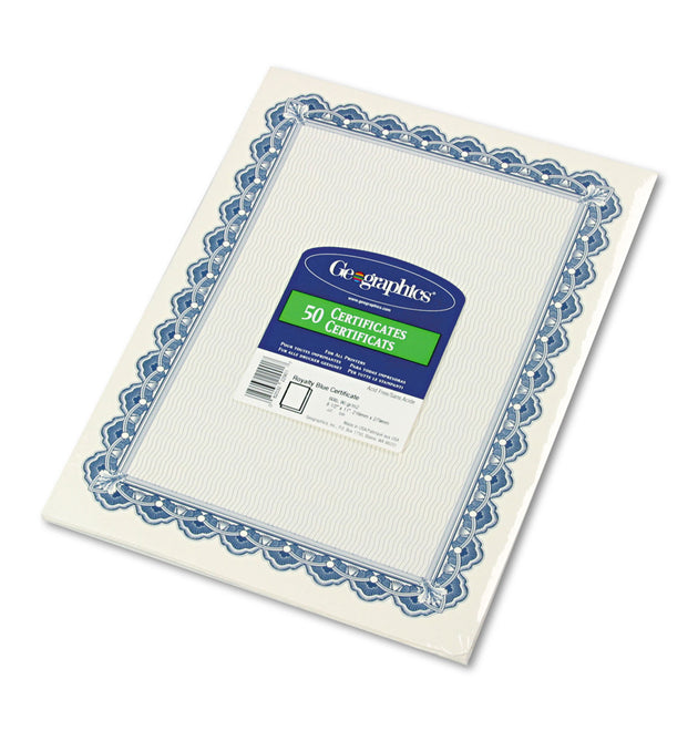 Archival Quality Parchment Paper Certificates, 11 x 8.5, Horizontal Orientation, Blue with Blue Royalty Border, 50/Pack