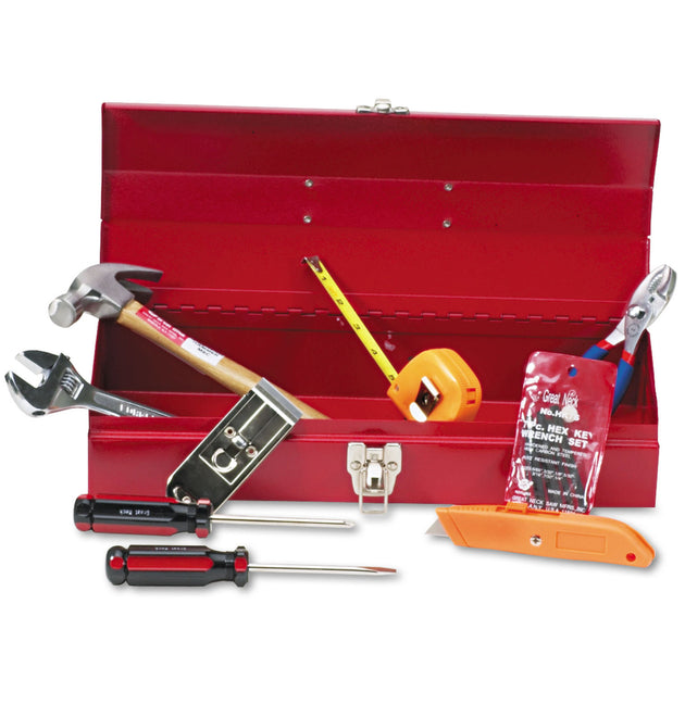 16-Piece Light-Duty Office Tool Kit, Metal Box, Red