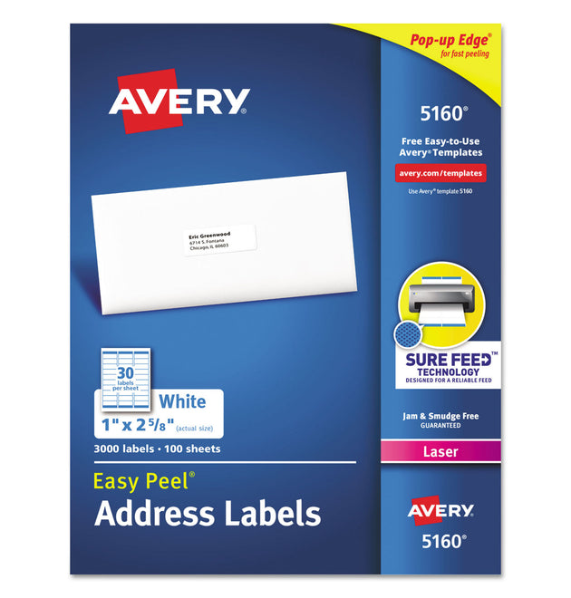 Easy Peel White Address Labels w/ Sure Feed Technology, Laser Printers, 1 x 2.63, White, 30/Sheet, 100 Sheets/Box