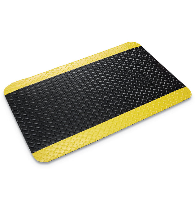 Industrial Deck Plate Anti-Fatigue Mat, Vinyl, 36 x 60, Black/Yellow Border