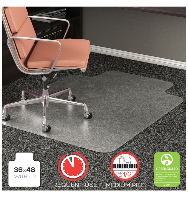 RollaMat Frequent Use Chair Mat, Med Pile Carpet, Flat, 36 x 48, Lipped, Clear