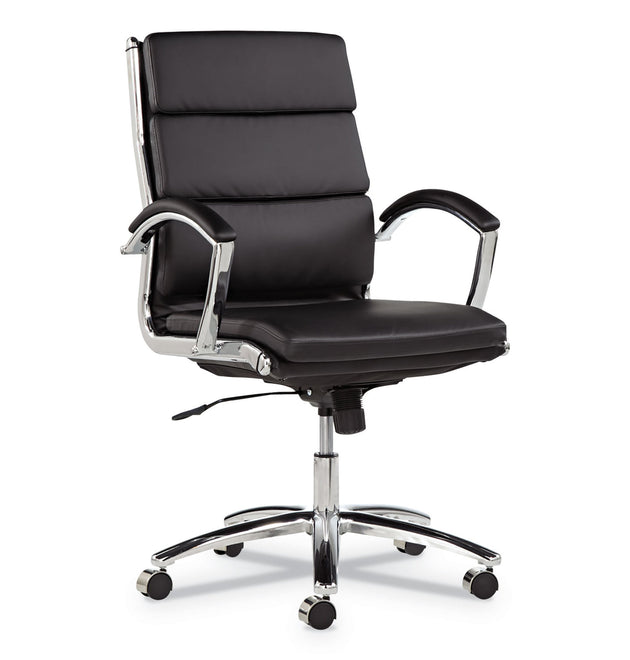 Alera Neratoli Mid-Back Slim Profile Chair, Faux Leather, Supports Up to 275 lb, Black Seat/Back, Chrome Base