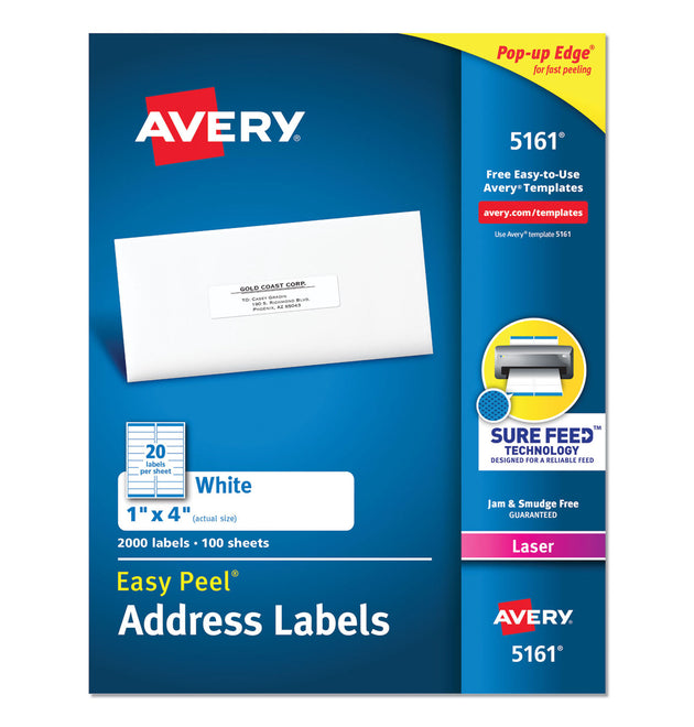 Easy Peel White Address Labels w/ Sure Feed Technology, Laser Printers, 1 x 4, White, 20/Sheet, 100 Sheets/Box