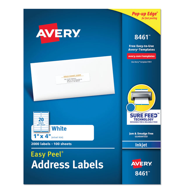 Easy Peel White Address Labels w/ Sure Feed Technology, Inkjet Printers, 1 x 4, White, 20/Sheet, 100 Sheets/Box