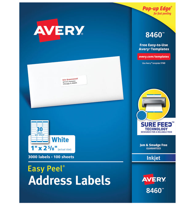 Easy Peel White Address Labels w/ Sure Feed Technology, Inkjet Printers, 1 x 2.63, White, 30/Sheet, 100 Sheets/Box