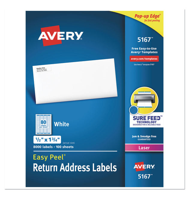 Easy Peel White Address Labels w/ Sure Feed Technology, Laser Printers, 0.5 x 1.75, White, 80/Sheet, 100 Sheets/Box