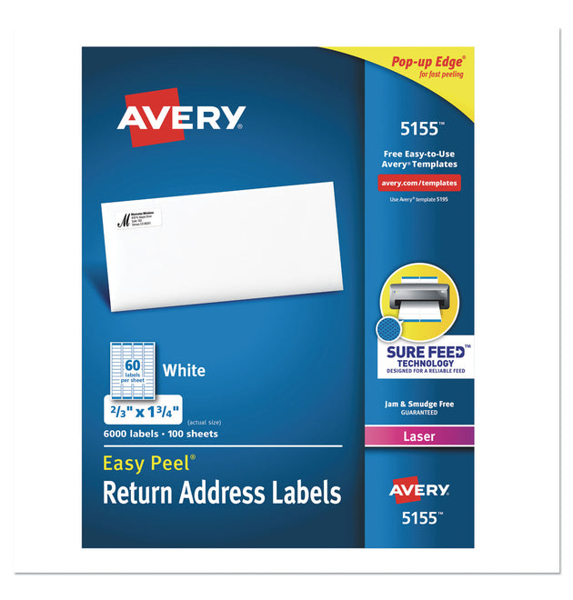 Easy Peel White Address Labels w/ Sure Feed Technology, Laser Printers, 0.66 x 1.75, White, 60/Sheet, 100 Sheets/Pack