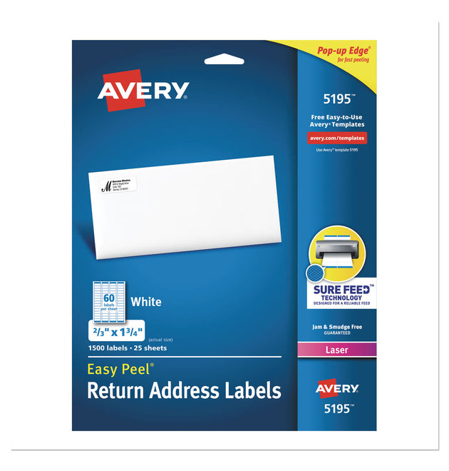 Easy Peel White Address Labels w/ Sure Feed Technology, Laser Printers, 0.66 x 1.75, White, 60/Sheet, 25 Sheets/Pack