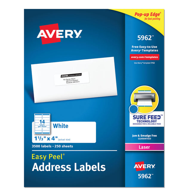 Easy Peel White Address Labels w/ Sure Feed Technology, Laser Printers, 1.33 x 4, White, 14/Sheet, 250 Sheets/Box