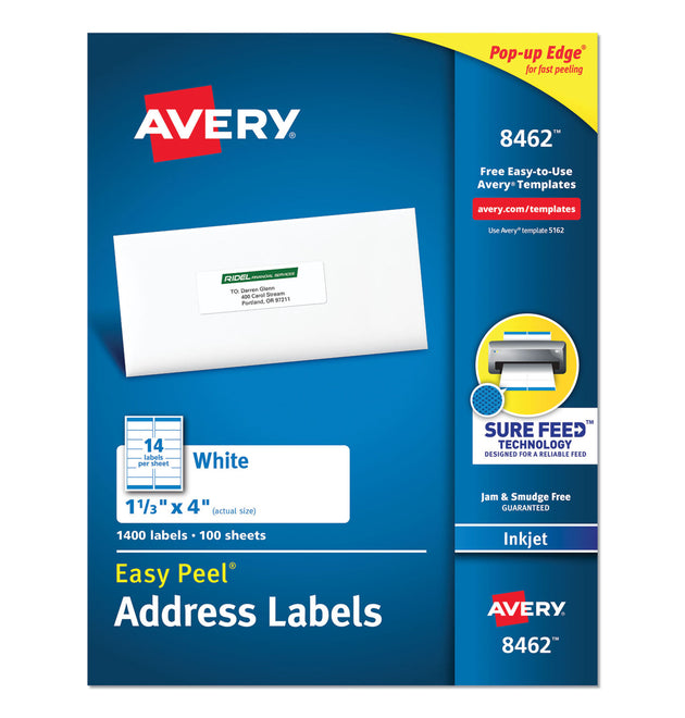 Easy Peel White Address Labels w/ Sure Feed Technology, Inkjet Printers, 1.33 x 4, White, 14/Sheet, 100 Sheets/Box