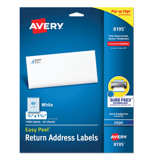 Easy Peel White Address Labels w/ Sure Feed Technology, Inkjet Printers, 0.66 x 1.75, White, 60/Sheet, 25 Sheets/Pack