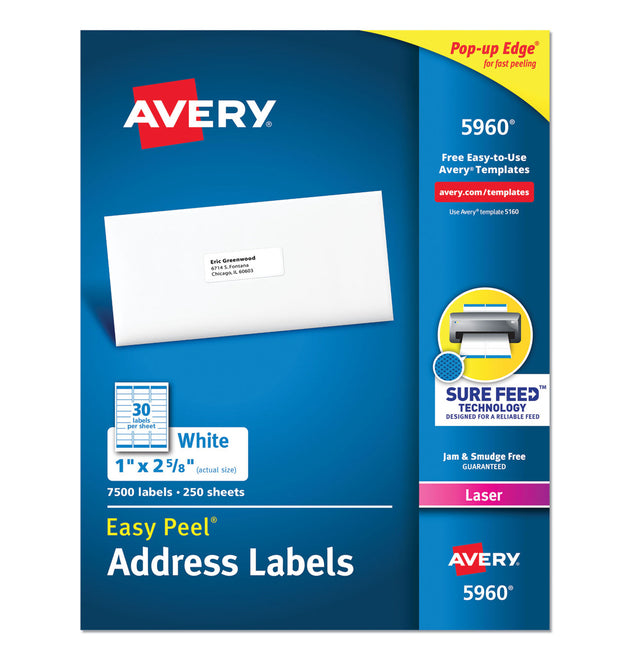 Easy Peel White Address Labels w/ Sure Feed Technology, Laser Printers, 1 x 2.63, White, 30/Sheet, 250 Sheets/Pack