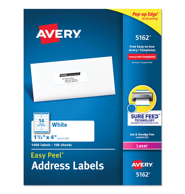 Easy Peel White Address Labels w/ Sure Feed Technology, Laser Printers, 1.33 x 4, White, 14/Sheet, 100 Sheets/Box