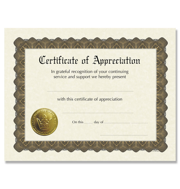 Ready-to-Use Certificates, Appreciation, 11 x 8.5, Ivory/Brown/Gold Colors with Brown Border, 6/Pack