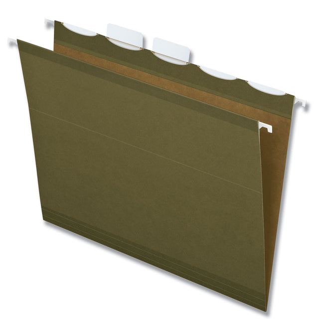 Ready-Tab Reinforced Hanging File Folders, Letter Size, 1/5-Cut Tabs, Standard Green, 25/Box