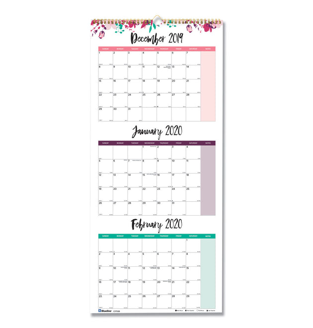 3-Month Wall Calendar, Colorful Leaves Artwork, 12.25 x 27, White/Multicolor Sheets, 14-Month (Dec to Jan): 2024