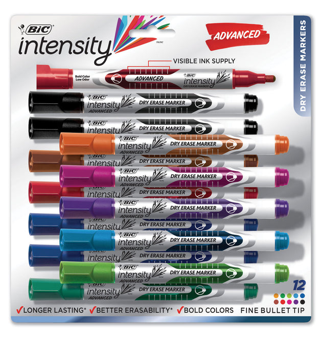 Intensity Advanced Dry Erase Marker, Pocket-Style, Medium Bullet Tip, Assorted Colors, Dozen