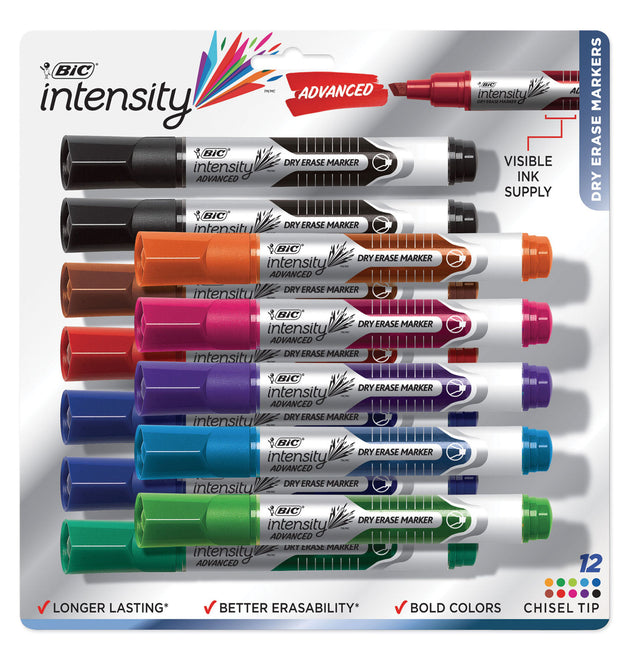 Intensity Advanced Dry Erase Marker, Tank-Style, Broad Chisel Tip, Assorted Colors, Dozen